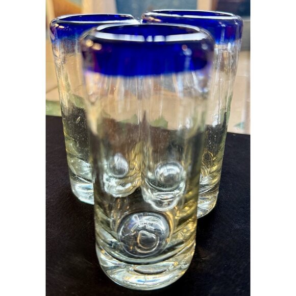 3 Mexican Hand Blown Shot Glass Blue Rim 4” - Picture 7 of 11